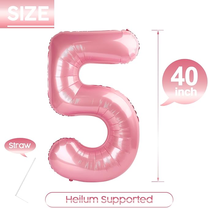 5 Balloon - Pastel Pink Birthday Number Balloons, 40 Inch Decorations | Pastel - Image 5