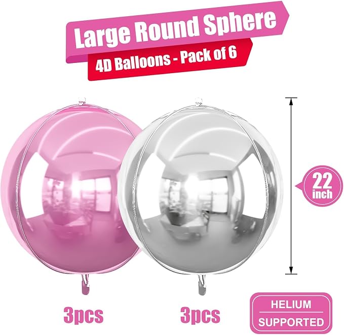 6Pcs Pink Silver Round Foil Balloons, 22inch 4D Metallic Silver Pink Balloons - Image 2