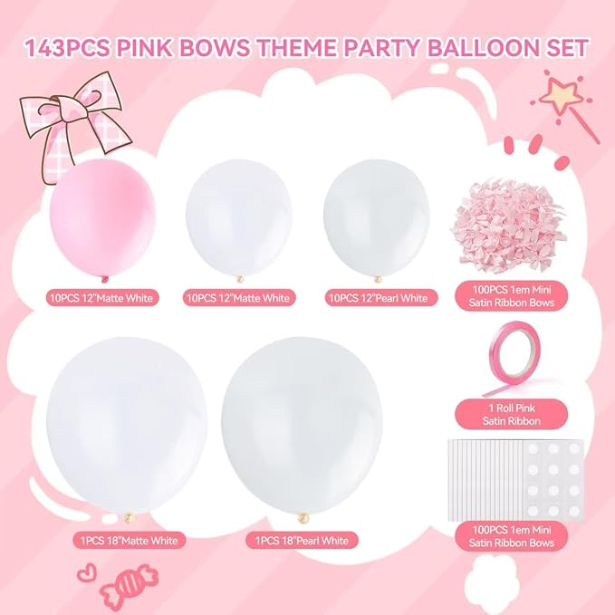 Pink Bow Balloons，32Pcs White Pink Balloons & 100Pcs Mini Ribbon Bows DIY Bow - Image 3