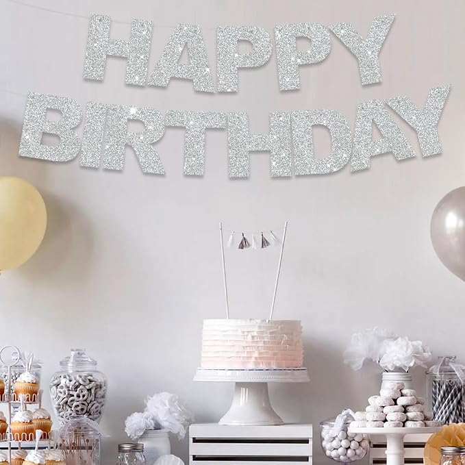 BEISHIDA Pre-Strung Glitter Silver Happy Birthday Banner Party Sign Decor | NO - Image 6