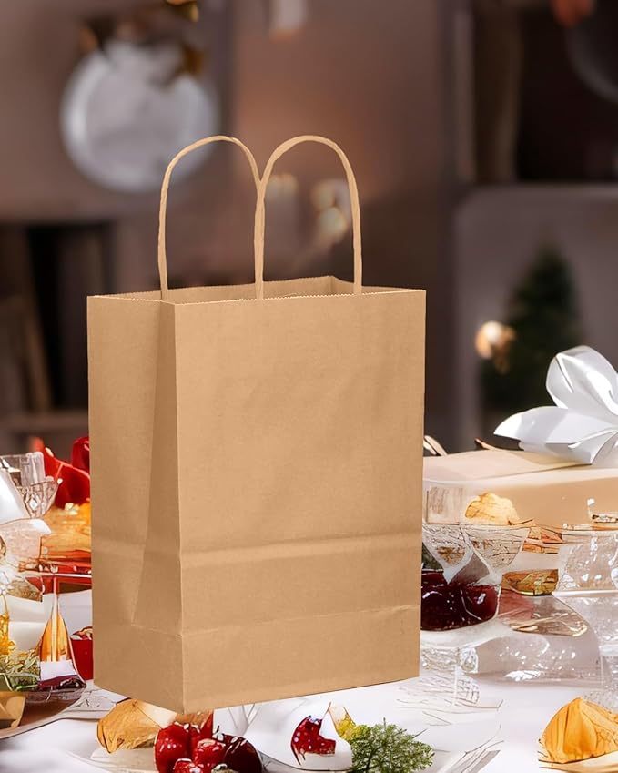 qiqee 50-Packs Brown Paper Gift Bags with Handles Bulk 13"x10.3"x4.6" Large Size Party Favor Bags Multiple Uses