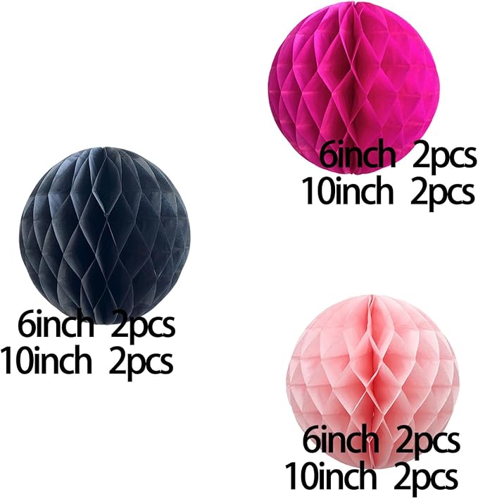 Hot Pink and Black Paper Honeycomb Balls, 12 Pack Hanging Tissue Pom poms - Image 4