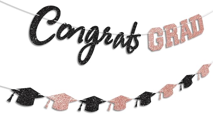 Prestrung Congrats Grad Banner Rose Gold and Black Graduation Banner - Image 2