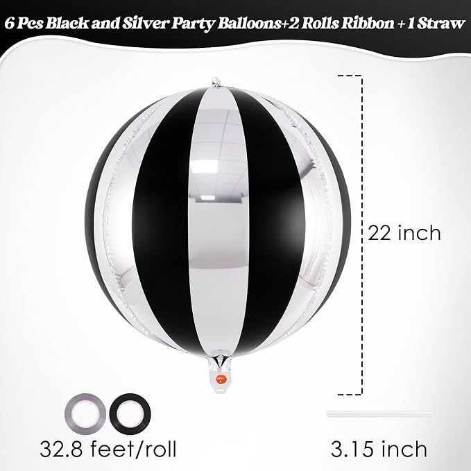 Black and Silver Striped Balloons, 22 Inch Metallic Round Foil Balloons - Image 2