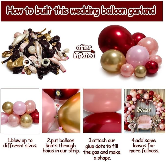 Burgundy Pink Balloon Arch Kit, Double Stuffed Ruby Red Pearl Pink Gold Balloon - Image 4