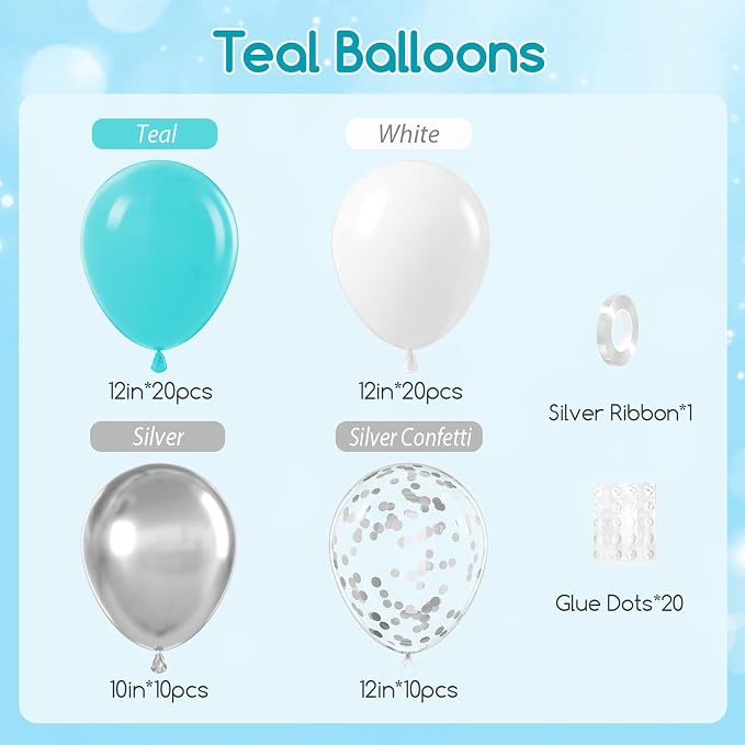 60pcs Teal Silver and White Balloons 12inch - Image 2