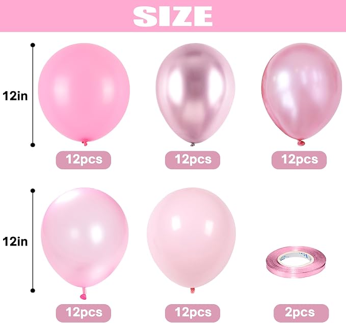Pink Balloons Set, 60 Packs 12 Inch Metallic Chrome Pink Pearl Macaron Light - Image 2