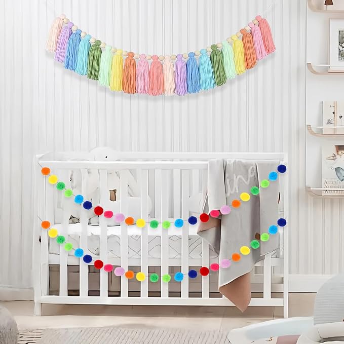 Boho Tassel Garland, Pom Pom Garland, Colorful Handmade Yarn Bunting Banner - Image 6