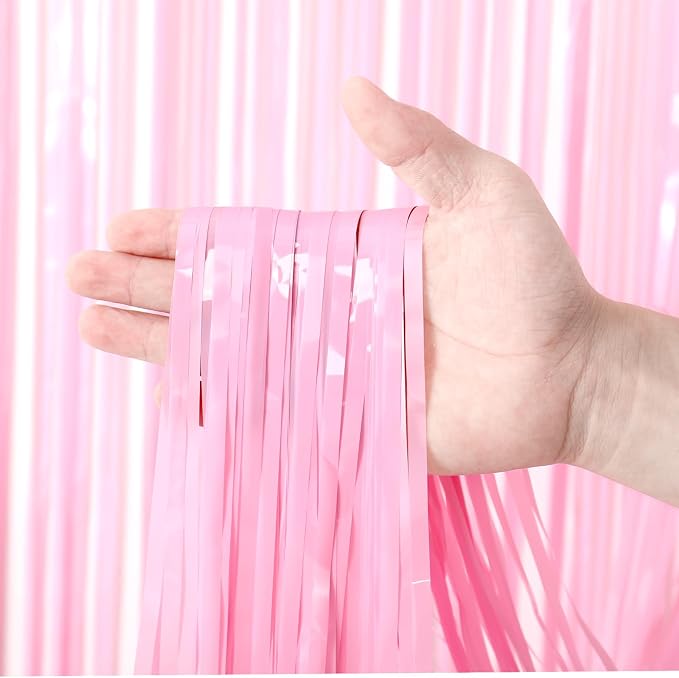Voircoloria Pastel Pink Foil Fringe Backdrop Curtains, 2 Pack | Tinsel Streamers - Image 2
