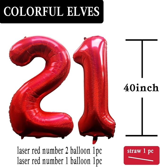 Laser Red Number 21 Balloons 40 Inch Giant Number Red 21 Foil Mylar Balloons - Image 2