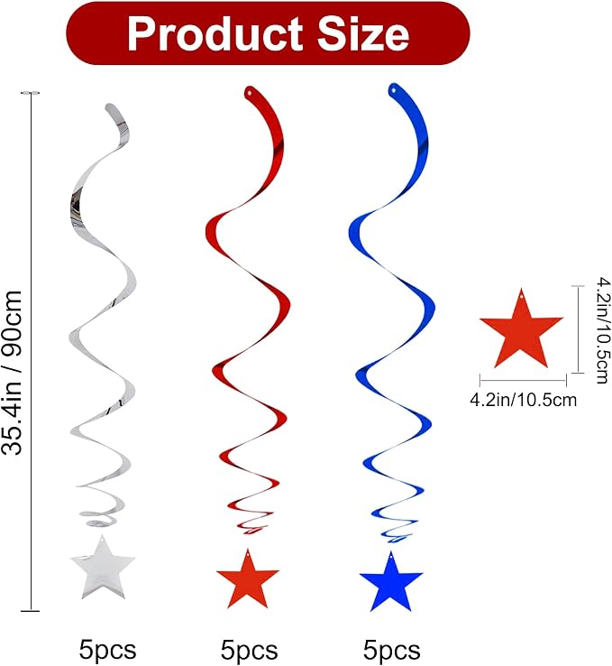 BEISHIDA Red Blue Silver Star Hanging Swirl Decorations, July 4th Hanging Party - Image 3
