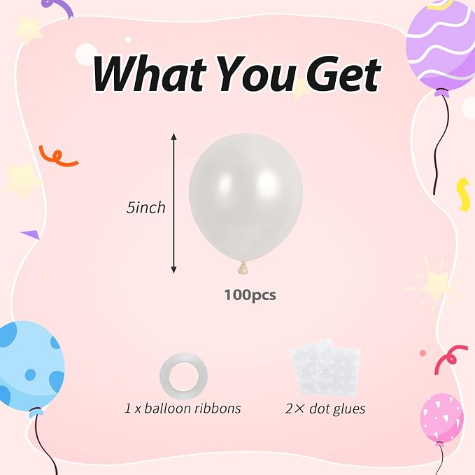 100pcs 5inch Small Pearl White Balloons | 5” Mini Pearl Party Latex Balloons Kit - Image 2