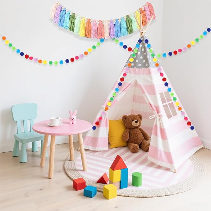 Boho Tassel Garland, Pom Pom Garland, Colorful Handmade Yarn Bunting Banner - Image 3