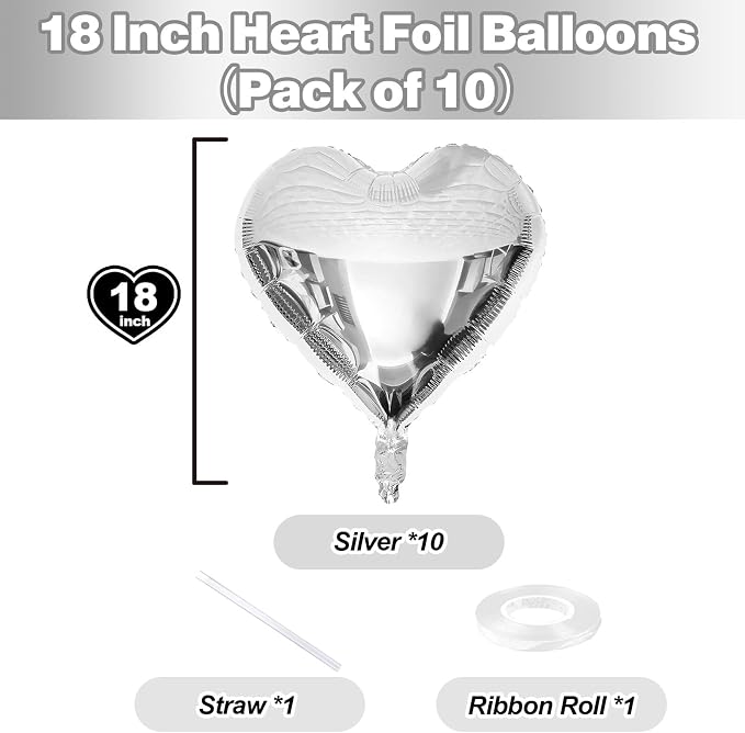 Silver Heart Foil Balloons, 18Inch Metallic Heart Foil Balloon - Image 2