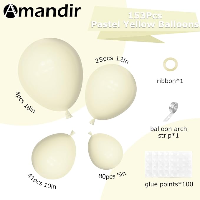 Amandir 153pcs Pastel Yellow Balloons Arch Garland Kit Different Sizes 18 12 10 - Image 3