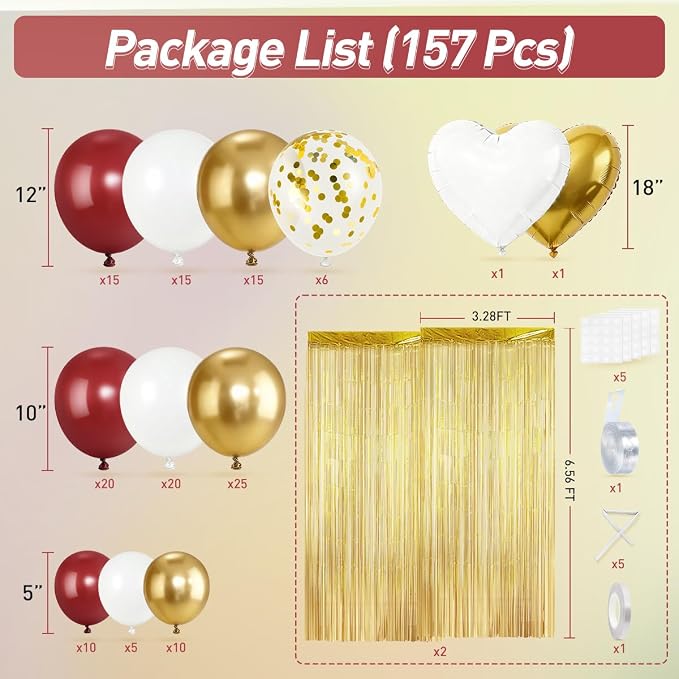 157PCS Burgundy Gold White Balloons Arch Garland Kit - Image 2
