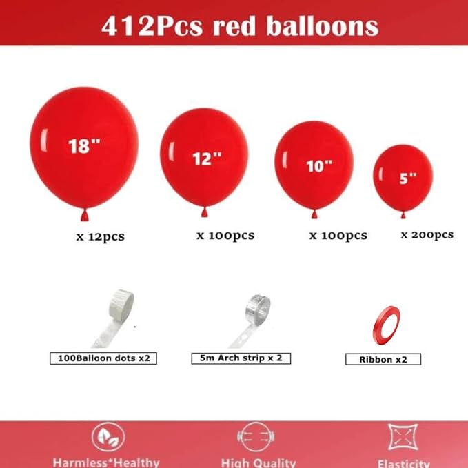 412pcs Red Balloons 18 12 10 5 Inch Red Balloon Garland Arch Kit Different - Image 2