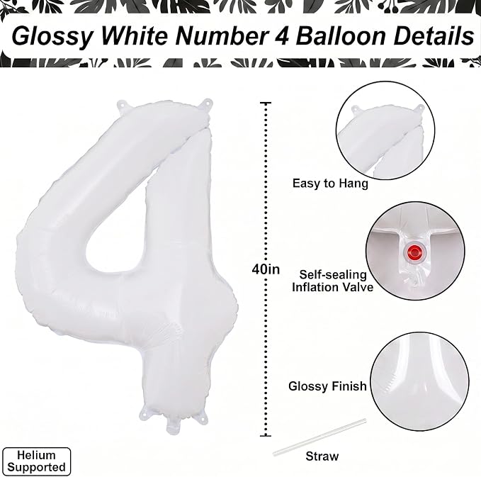 White Number 4 Balloon 40 Inch, Large Foil Mylar 4th Birthday Decorations - Image 4