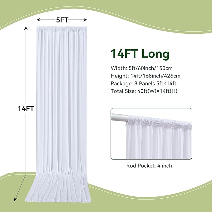 40×14 ft White Wrinkle Free Backdrop Curtain, Soft Silky Polyester Wedding Drapes 8 Panels 14ft Height Photo Backdrop Curtains for Parties Birthday Baby Shower Photography Background Cloth