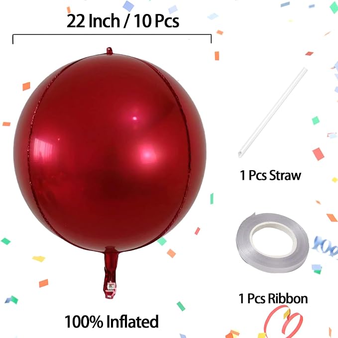 10 Pcs 22 Inch Burgundy Red Mylar Balloons, Large 4D Giant Round Foil Balloon - Image 2