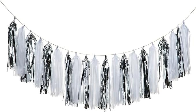 Silver and White Tassel Garland, Paper Tassel Banner, Table Decor, DIY Kits - by CC+wonderland+zone