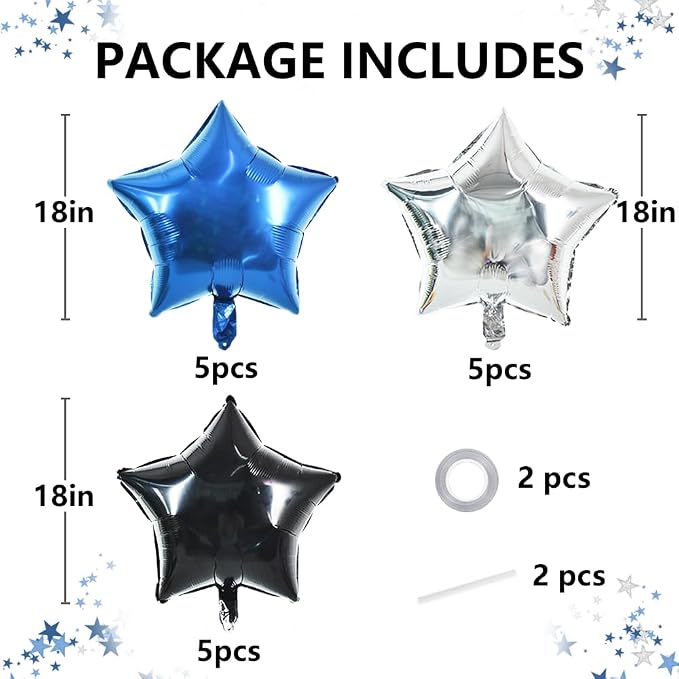 TONIFUL 15 Pcs Star Balloons 18 Inch Large Blue Silver Black Foil Balloons | - Image 2