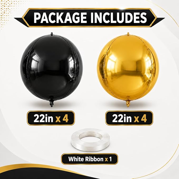 8 Pcs Black Gold Round Foil Balloons 22 Inch Metallic Gloden Black 4D Ball - Image 2