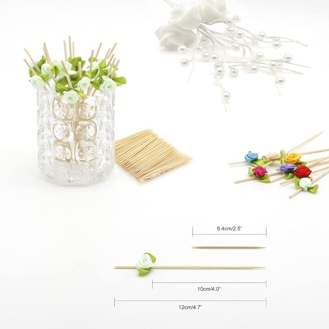 Minisland Green Rose Flower Cocktail Picks, 4.7 Inch Long Bamboo Fancy - Image 2