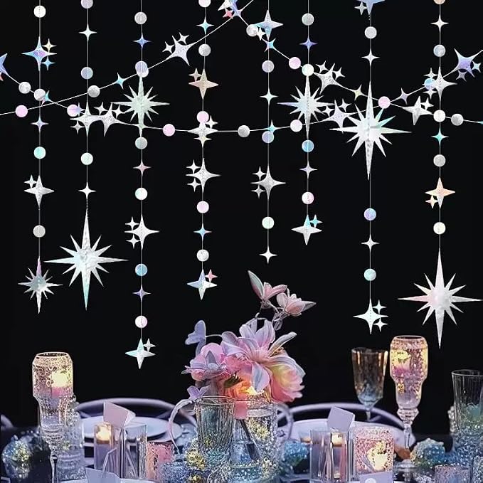Glitter Iridescent Star Circle Dot Garland 30 Feet Twinkle Iridescent Star - Image 5