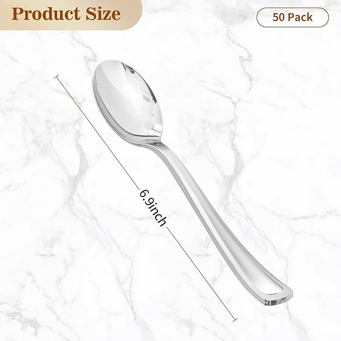 BESTVIP 50 Pack 6.9 Inch Silver Plastic Spoons, Heavy Duty Plastic Silverware, Heavyweight Silver Disposable Spoons, Disposable Serving Utensils for Catering, Parties, Dinners, Weddings, Christmas