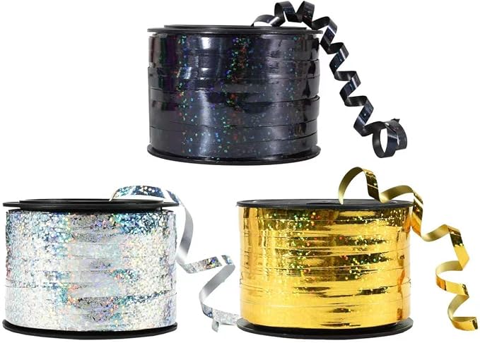 BEISHIDA 3 Pack 100 Yards Gold Silver Black Curling Crimped Glitter Ribbon by Beishida