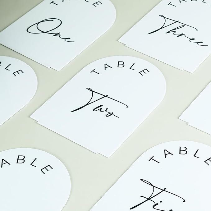 JINMURY White Arch Wedding Table Numbers 1-20 with Stands, 5x7 Inch Acrylic Arch Sign with Black Lettering, White Acrylic Table Numbers for Wedding Reception