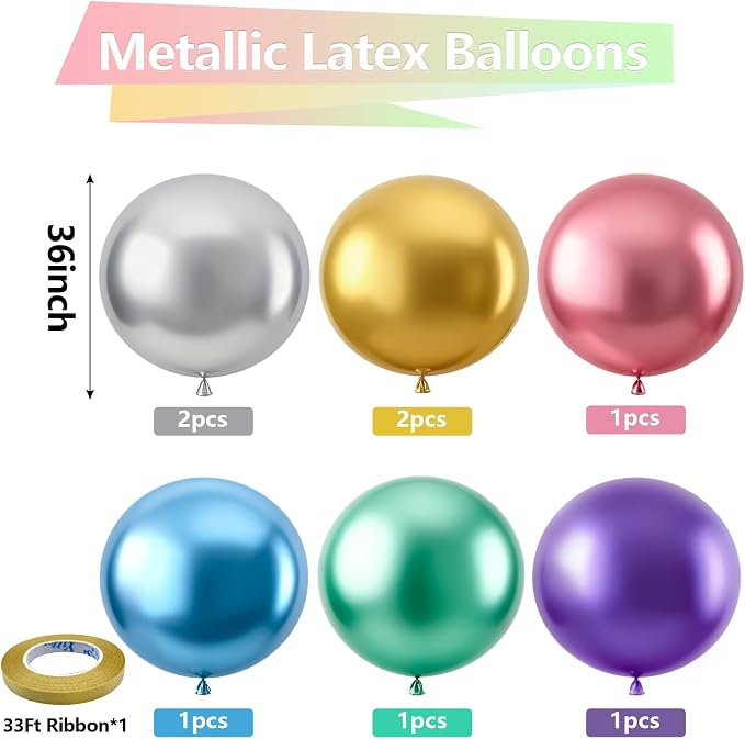Bezente Metallic Chrome Giant Latex Round Balloons 36 Inch 8 Pack | Assorted - Image 2