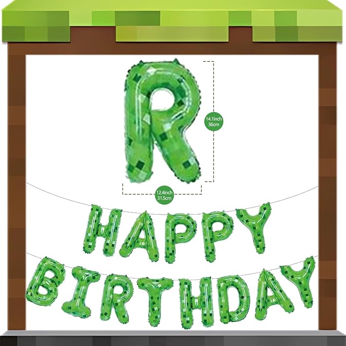 Green Pixel Miner Theme Happy Birthday Balloons Banner 16 Inch Letters - Image 2