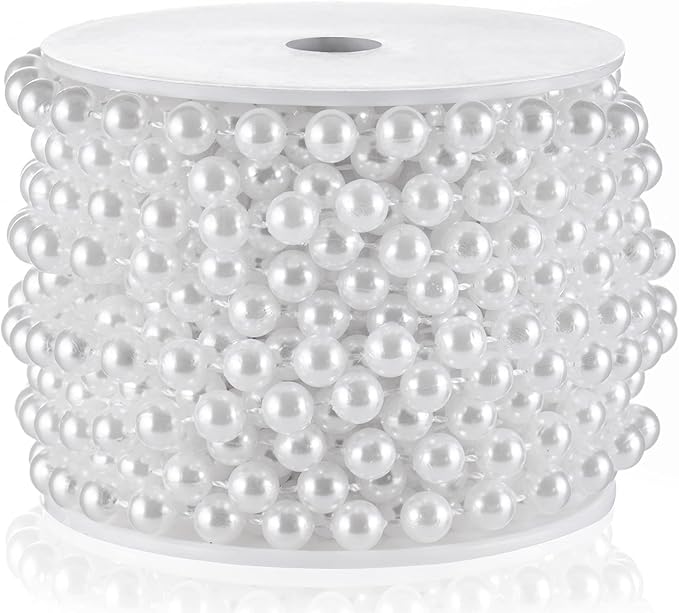 Craft String Pearls 8MM Pearl Bead, 33 Feet White Faux Pearl Garland Spool Roll Strand Wedding Party Decoration, Christmas Tree Decorations