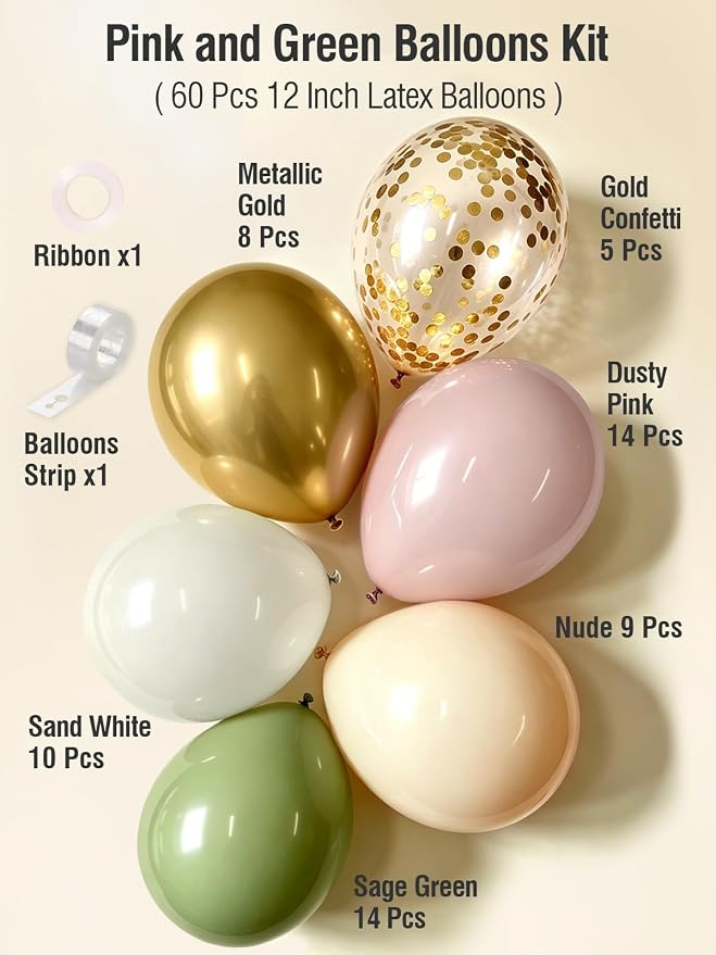 Pink and Green Balloons 12 Inch 60 Pcs Sage Green Dusty Pink Sand White - Image 3