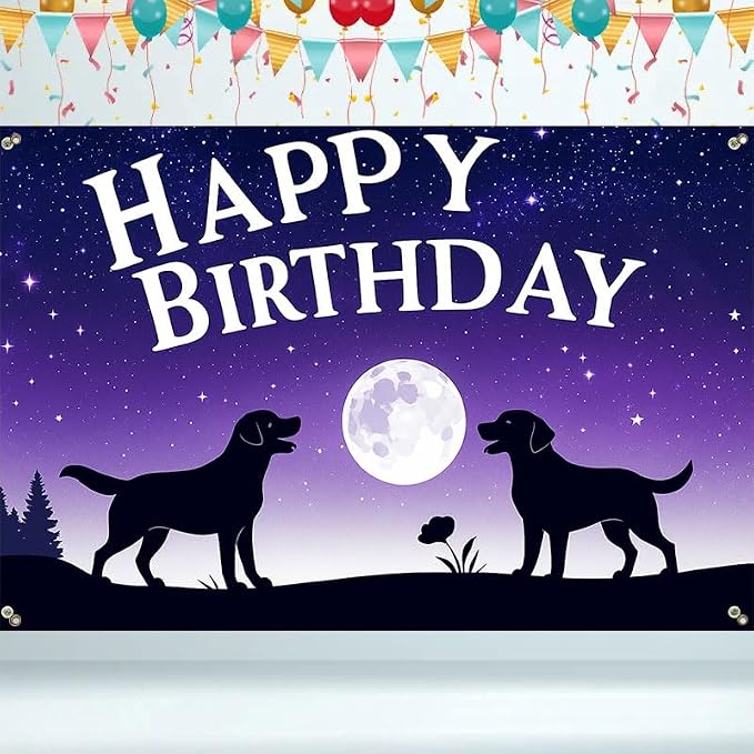 Happy Birthday Banner 71x43 Inch Dog Silhouette Moon Night Sky Backdrop - Image 6