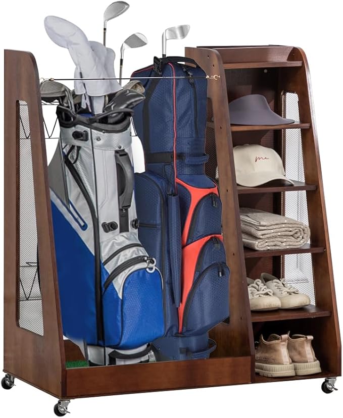 Wooden Golf Bag Organizer for Garage, Holds 2 Full-Size Bags with Shoe & Accessory Storage, Black Finish Wood Golf Equipment Rack for Home, Shed, or Basement