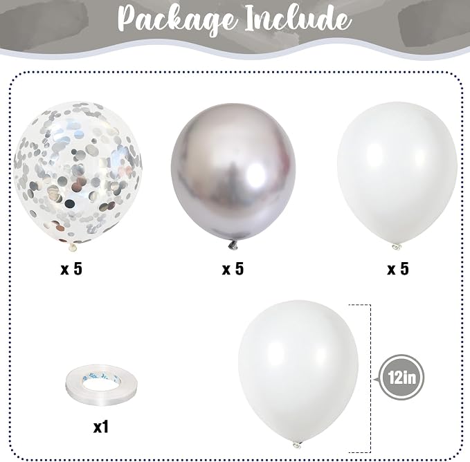 Silver and White Balloons, 12 Inch Metallic Silver White Latex Balloons Set - Image 2