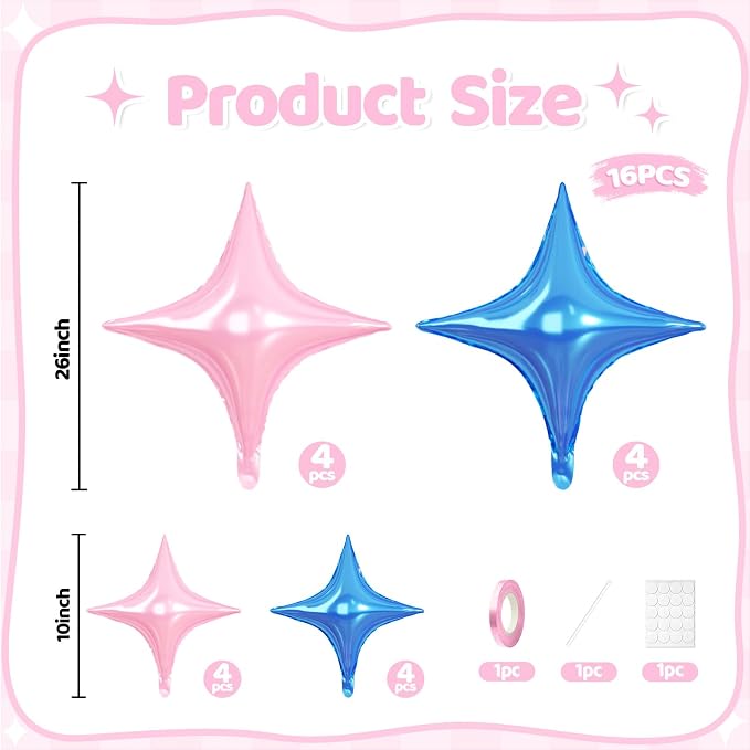 Pink Blue Star Balloons, 26 Inch and 10 Inch Pink Stars Shaped Balloon - Image 2