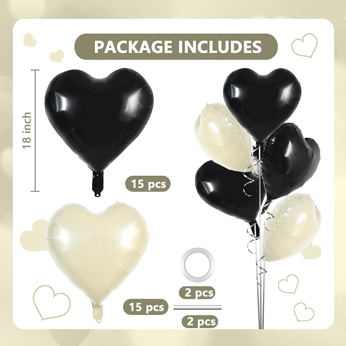 TONIFUL 30 Pcs 18 Inch Black Cream White Heart Shape Foil Mylar Balloons | - Image 2