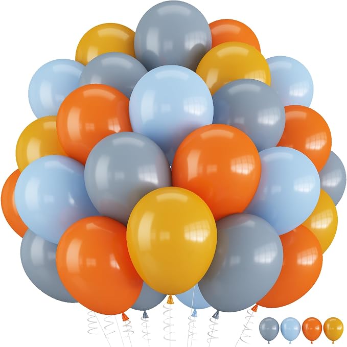 Construction Theme Balloons, 12 inch Orange Yellow Dusty Blue Latex Balloon by Togvu