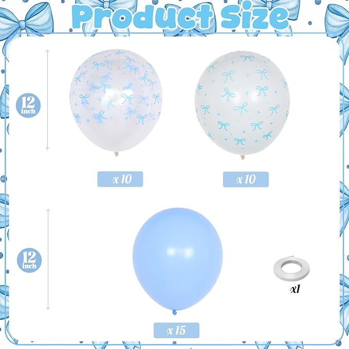 HILAVO Blue Bow Balloons, 12 Inch Pastel Light Blue Transparent White Bow Print - Image 2