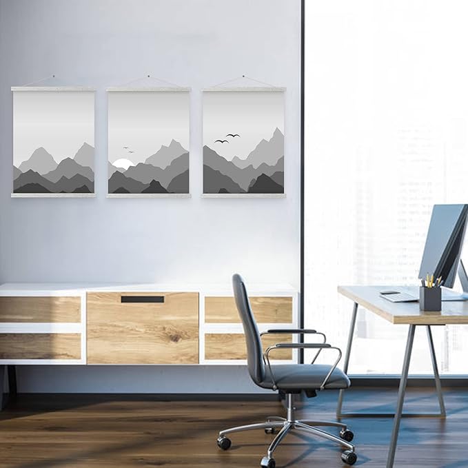 Magnetic Poster Hanger, 11x17 11x14 11x22 Poster Frame Wood Wooden Magnet Print Posters Dowel Scroll Hanger Hangers Hanging Kit for Walls Map Canvas Artwork (Grey, 11")