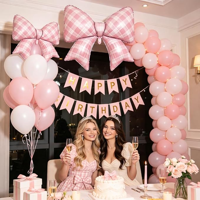 Pink Plaid Bow Balloons, 38 Inch Pink Giant Gingham Checkered Bowknot Foil - Image 4