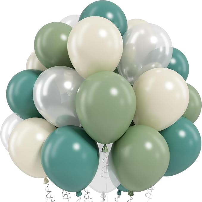 Sage Green and White Balloons, Neutral Dusty Olive Green White Beige Cream by Paeyeq