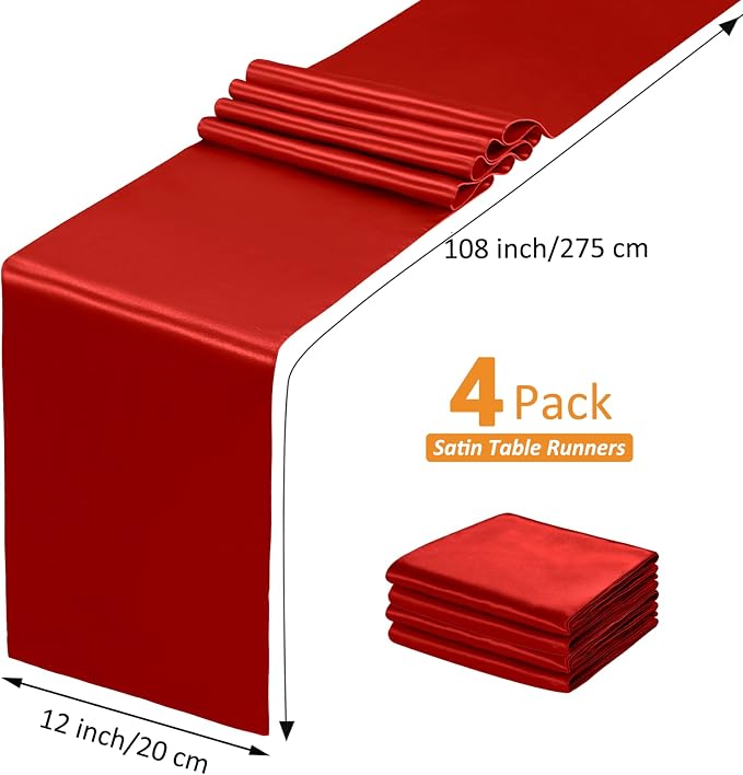 SiinvdaBZX 4 Pcs Red Satin Table Runner 12 x 108 inches Long | Bright Smooth - Image 4