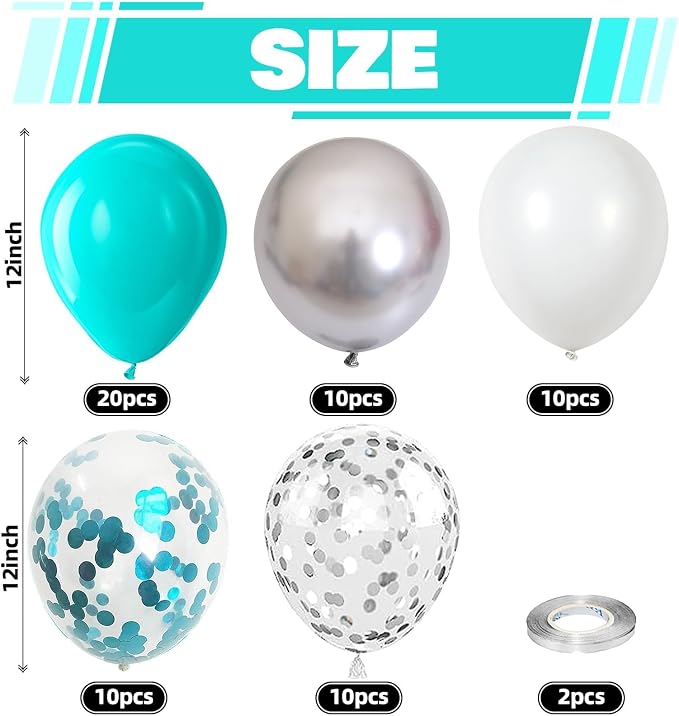 Teal Blue and Silver Balloons, 60 Packs 12Inch Teal and Metallic Silver Balloons - Image 2