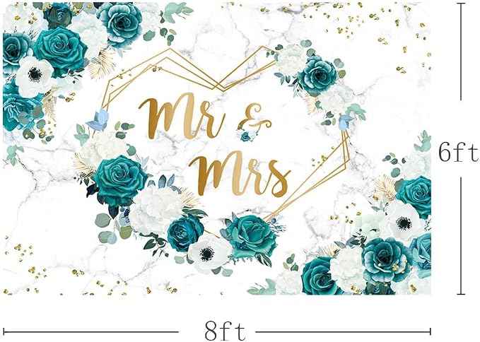 AIBIIN 8x6ft Green Mr and Mrs Floral Backdrop Teal Wedding Photography - Image 3
