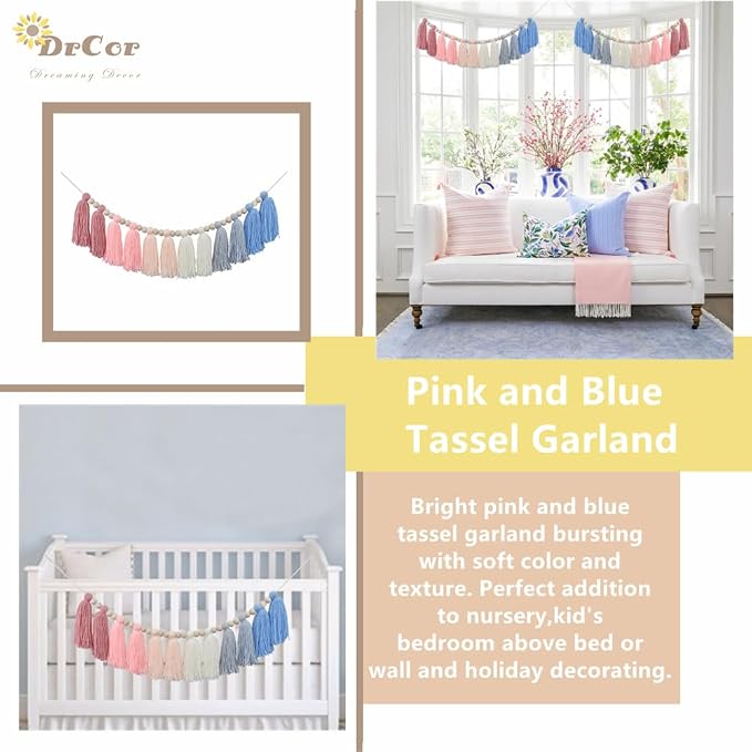 DrCor Pink & Blue Tassel Garland – Boho Nursery Decor | Preppy coastal yarn - Image 3